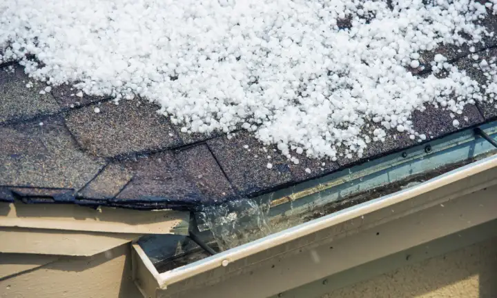 Close-up of hailstones accumulating on a dark shingle roof and inside a white gutter during a storm.